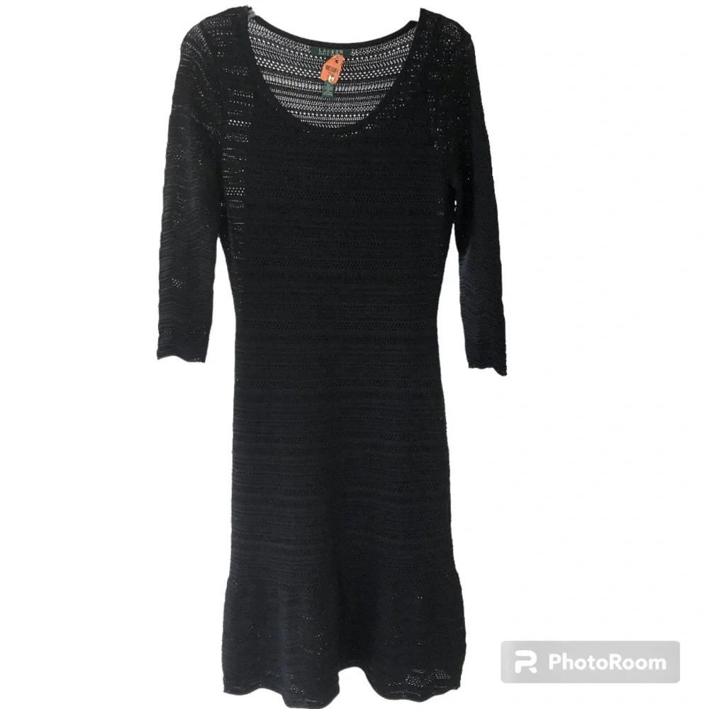 Lauren Ralph Lauren Midi Dress Black Knit Eyelet Stretch